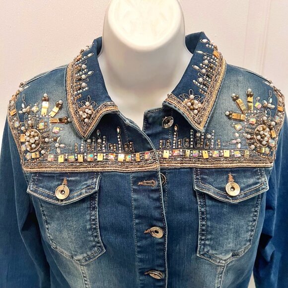 Nice Istanbul Women's Jean Embellished Gold Iridescent Beads-Pearls/Embroidered - Picture 4 of 16